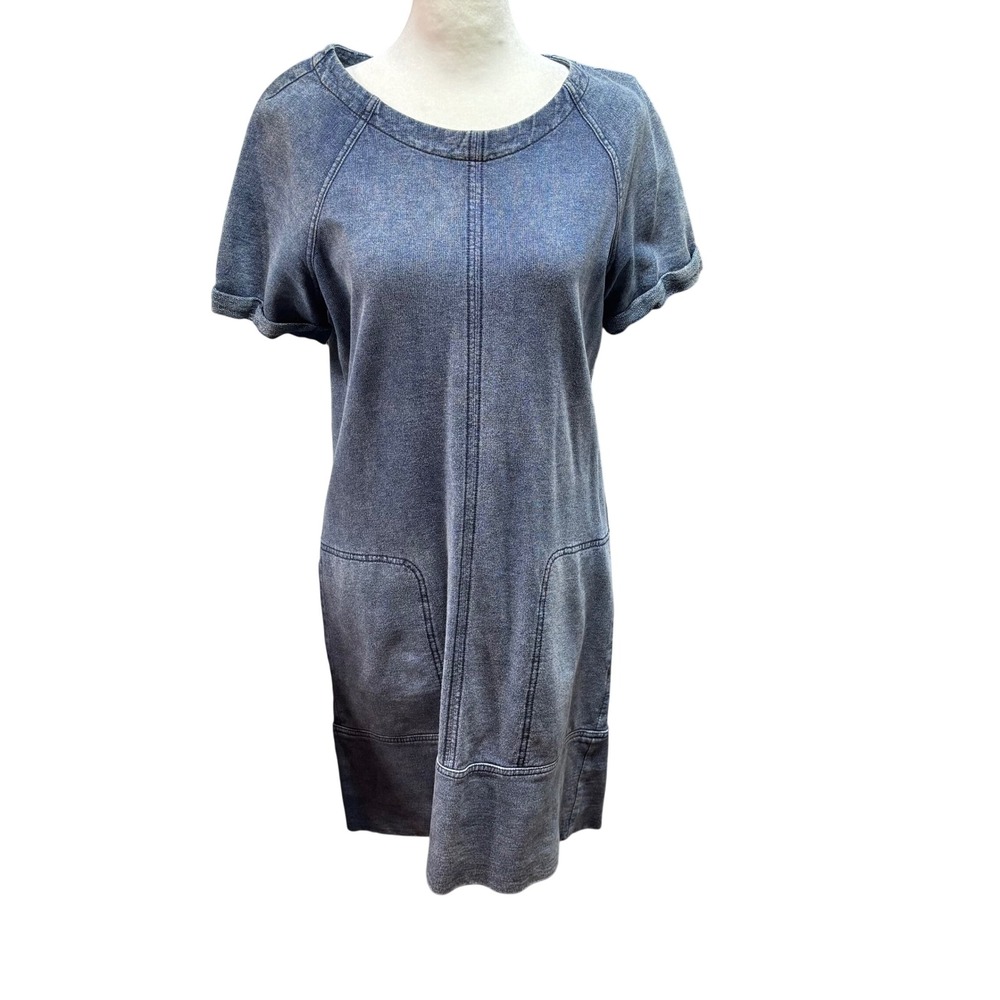Lou & Grey Acid Wash Denim Look Shift Dress‎ Short Sleeve Pockets Raglan  #952